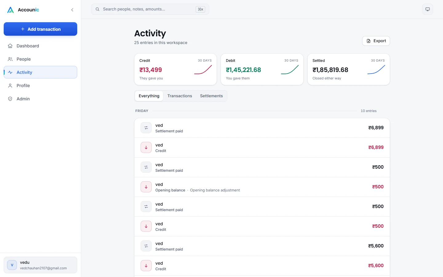 Accounic activity journal: credit, debit and settled totals for 30 days, then entries grouped by day.