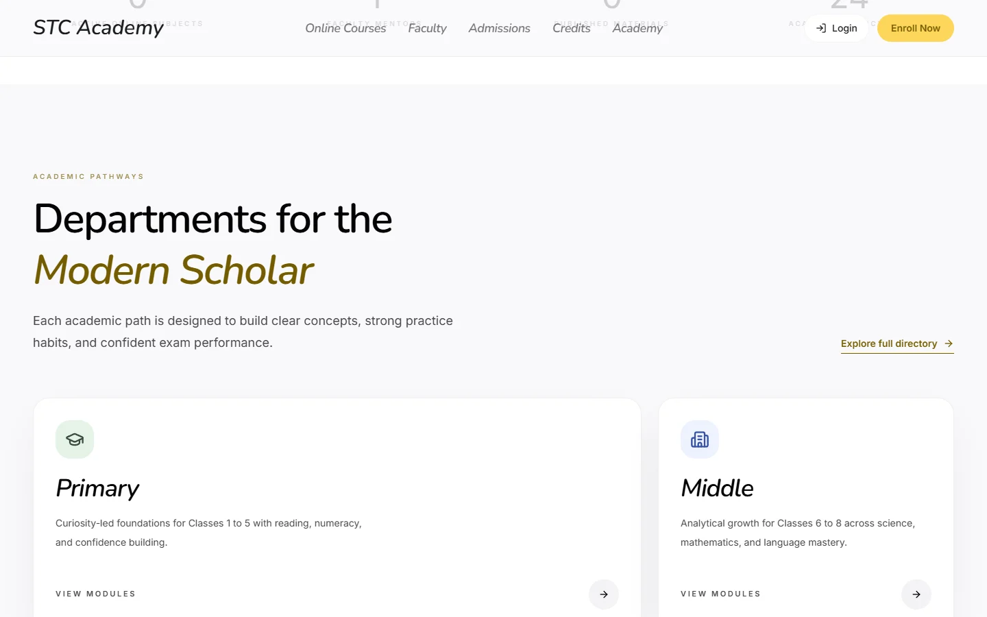 STC Academy academic pathways: primary and middle departments.