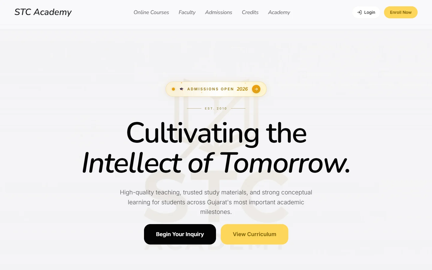 STC Academy home page: 'Cultivating the Intellect of Tomorrow.'