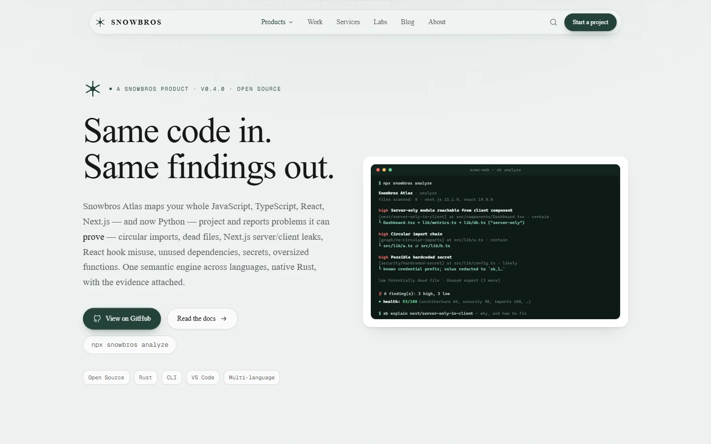 The Snowbros Atlas product page: 'Same code in. Same findings out.' beside a terminal running sb analyze.